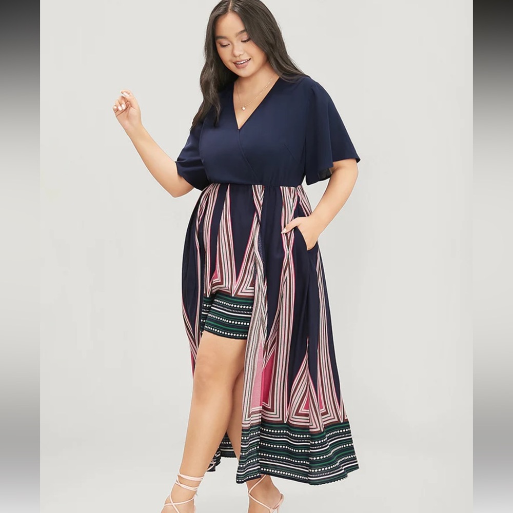 Geometric Print Ruffle Sleeve Pocket Wrap Skirt Romper NWT